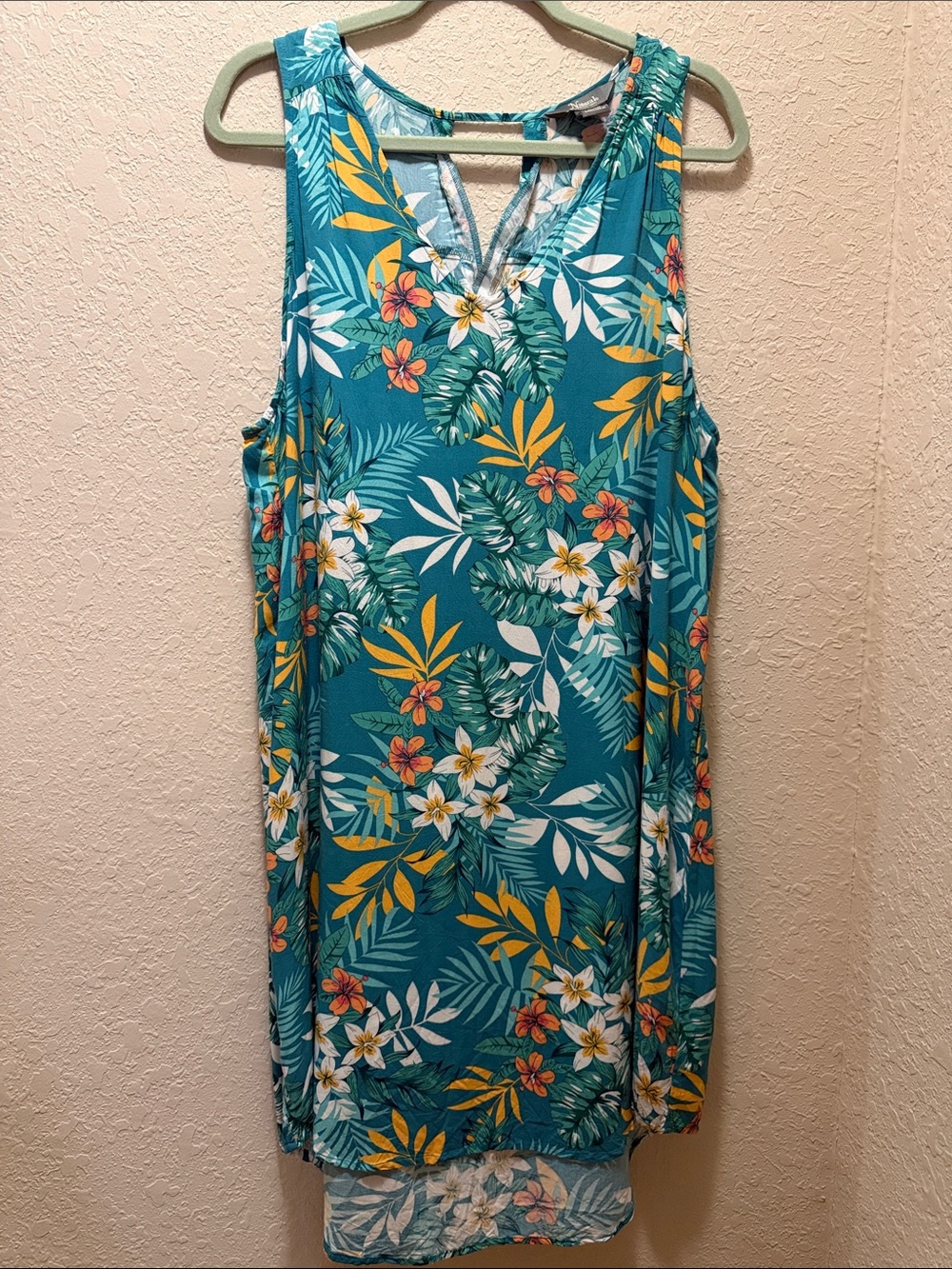 Like New, Teal Tropical Floral Sleeveless Dress, Size XXL